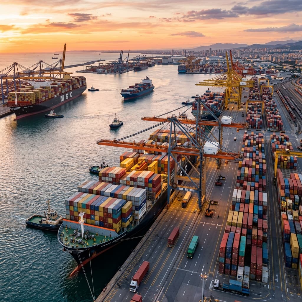 Modern commercial shipping port and agricultural freight operations